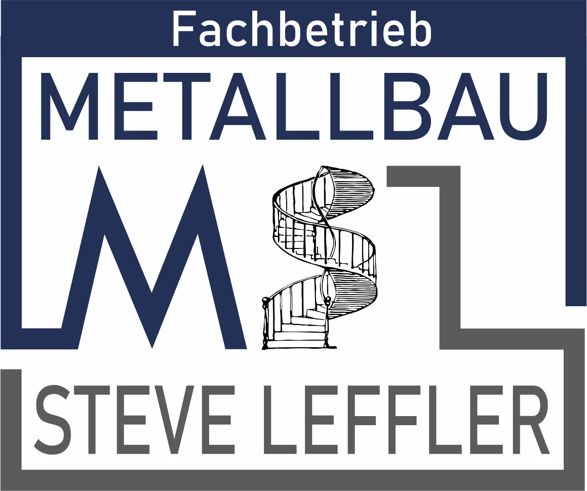 Logo Fachbetrieb Metallbau Steve Leffler in Blau und Grau mit grafischer Wendeltreppe als Symbol für Metallbauarbeiten.