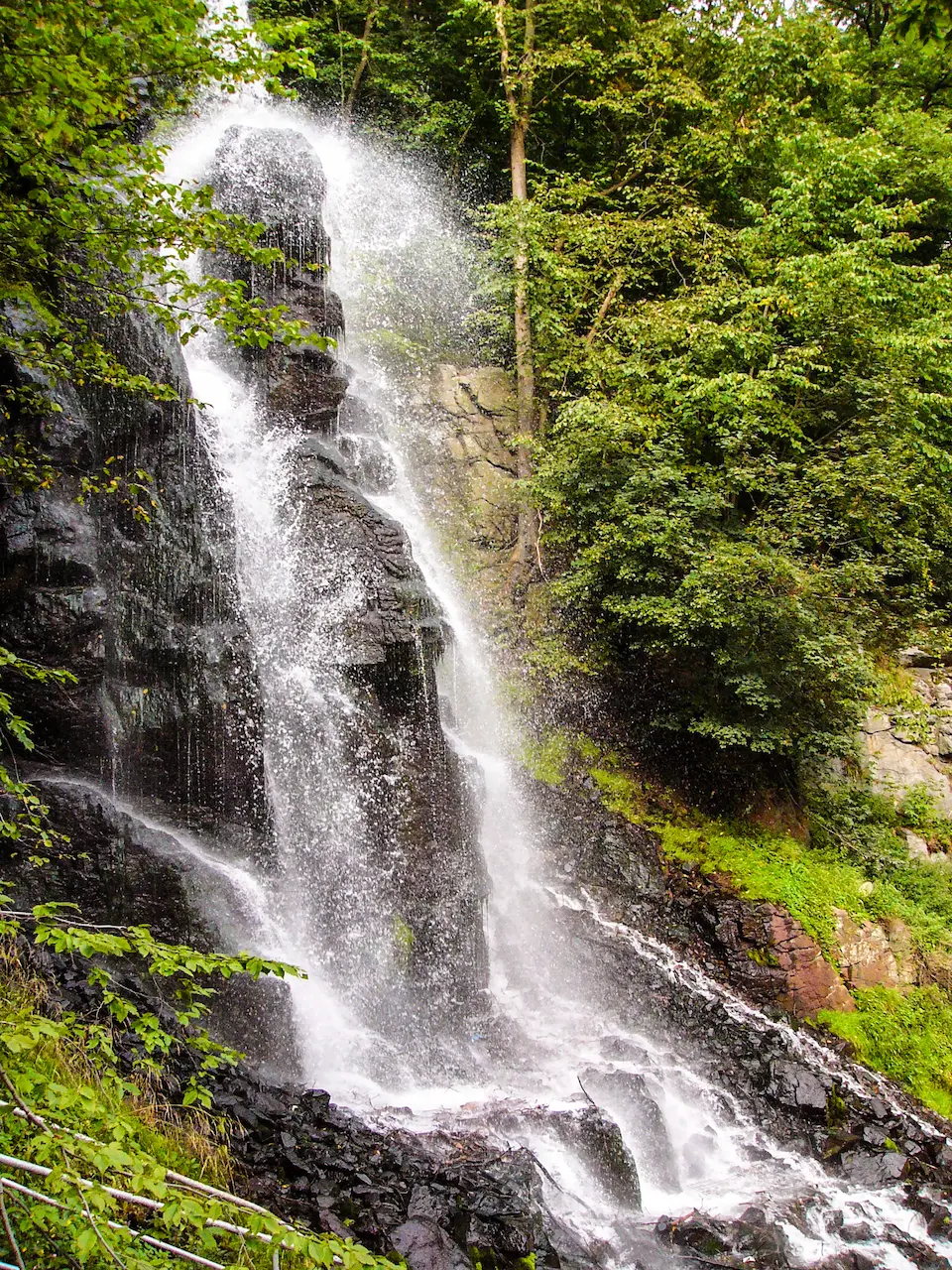 Rauschender Trusetaler Wasserfall in Thüringen, Wasser stürzt über Felsen inmitten grüner Wälder hinab.